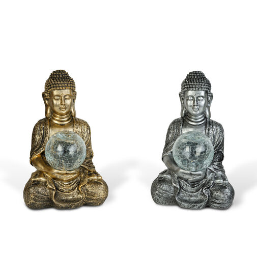 11268 • Solárny Buddha – 1 teplá biela LED – živica – 17 x 15 x 26 cm – 2 druhy