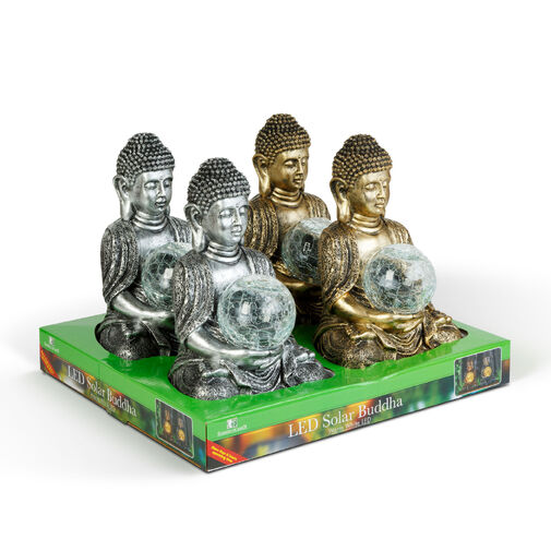 11268 • Solárny Buddha – 1 teplá biela LED – živica – 17 x 15 x 26 cm – 2 druhy