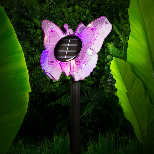11749A • Zapichovacia solárna lampa – motýľ – fialový – 13 x 6,5 x 35 cm – teplá biela + farebné LED