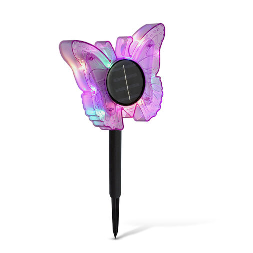 11749A • Zapichovacia solárna lampa – motýľ – fialový – 13 x 6,5 x 35 cm – teplá biela + farebné LED