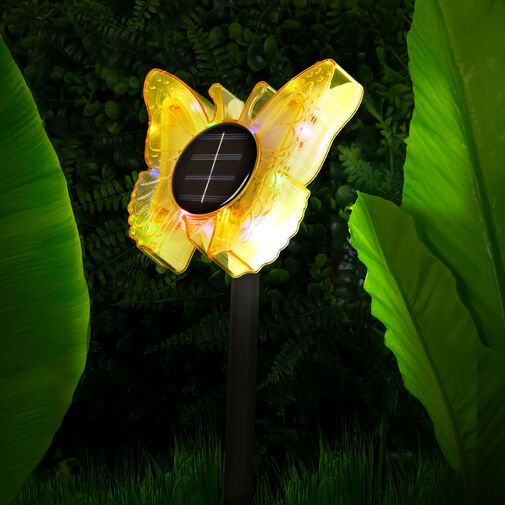 11749B • Zapichovacia solárna lampa – motýľ – žltý – 13 x 6,5 x 35 cm – teplá biela + farebné LED