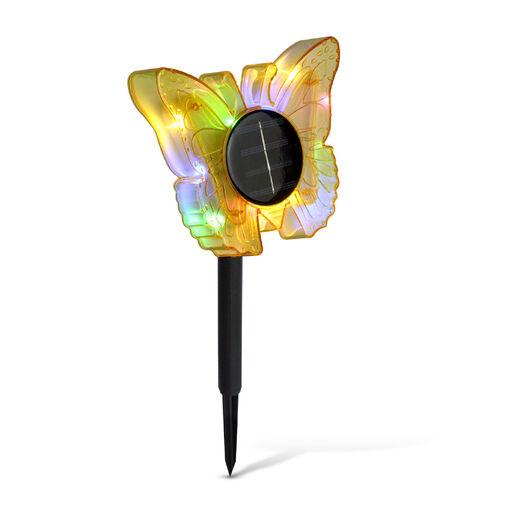 11749B • Zapichovacia solárna lampa – motýľ – žltý – 13 x 6,5 x 35 cm – teplá biela + farebné LED