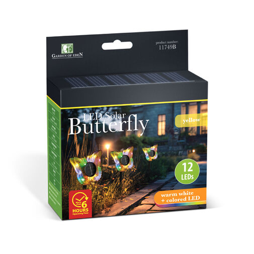 11749B • Zapichovacia solárna lampa – motýľ – žltý – 13 x 6,5 x 35 cm – teplá biela + farebné LED