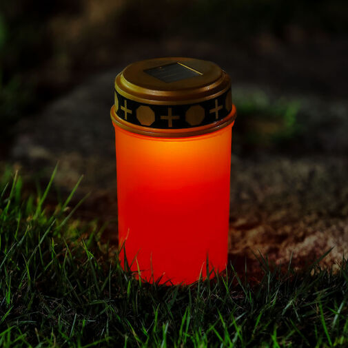 13001 • Zapichovacia solárna sviečka – blikajúca teplá biela LED – 7,3 x 20,5 cm – červená / biela