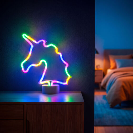 43996B • Neónová LED lampa - farebný jednorožec - 3 x AA + USB - 28,5 x 8,5 x 24,5 cm