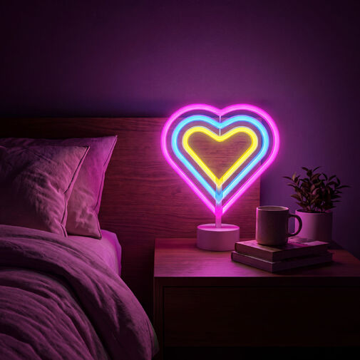 43996F • Neónová LED lampa - farebné srdce - 3 x AA + USB - 25,2 x 1,6 x 23 cm