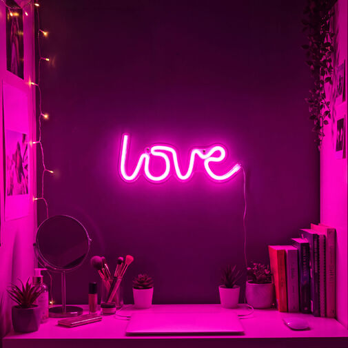 43996H • Neónová LED lampa - ružový „Love“ - 3 x AA + USB - 34 x 1,6 x 12,5 cm