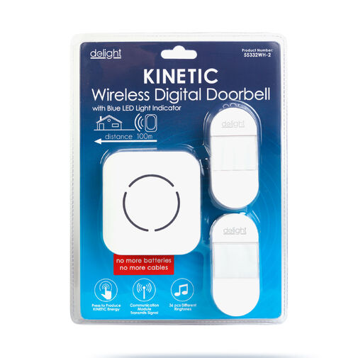 55332WH-2 • Digitálny bezbatériový a bezdrôtový zvonček – Kinetický – 2 vonkajšie jednotky – biely – modrá LED