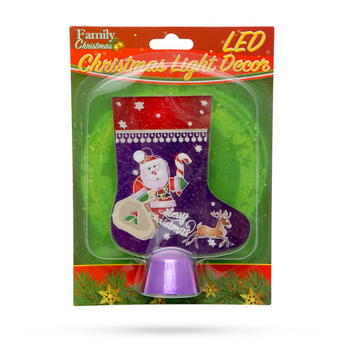 55997B • Vianočná LED dekorácia na stôl - lesklý podstavec - čižma - fialová - 15 cm