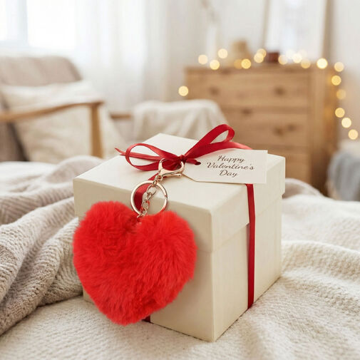 56101 • Prívesok na kľúče - v tvare srdca - plyš, červený - 13 x 10 cm