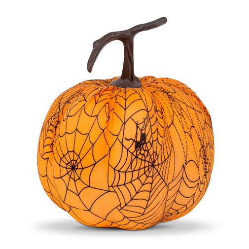 56540C • Halloweenska dekorácia - tekvica - 16,5 cm - oranžová - pavučina - pena