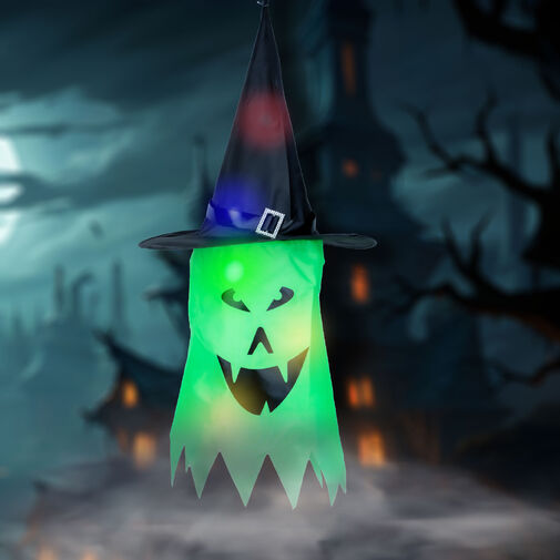 56569E • Halloweenska LED dekorácia - duch - zelená - 10 farebných LED - zavesiteľná - 2 x 2032 - 75 x 35 cm