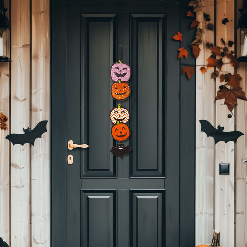 56571 • Halloweenská dekorácia - tekvica - závesná - drevená - 62 x 13 cm