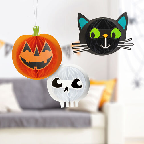 56584 • Halloween dekorácia - lampiónová súprava - tekvica, mačka, lebka - papier - 20 cm - 3 ks / balenie