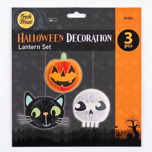 56584 • Halloween dekorácia - lampiónová súprava - tekvica, mačka, lebka - papier - 20 cm - 3 ks / balenie