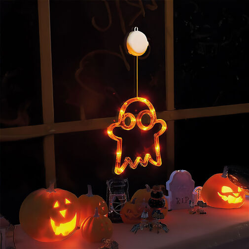 56588A • Svietiaca halloweenska dekorácia, duch, s prísavkou, 12 LED, 20 x 18,5 cm, 3 x AAA  