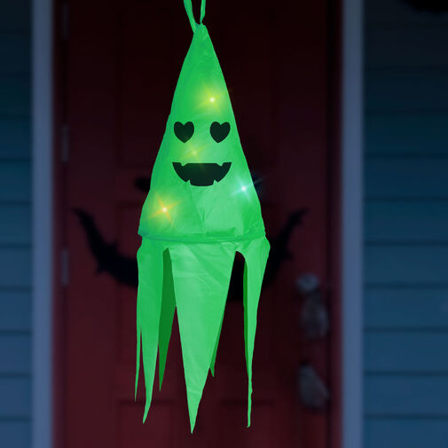 56598B • Halloween osvetlená dekorácia - duch - zelená - 10 farebných LED - zavesiteľné - 2 x 2032 - 75x20 cm