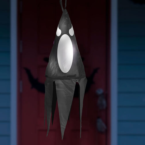 56598C • Halloween osvetlená dekorácia - duch - čierna - 10 farebných LED - zavesiteľná - 2 x 2032 - 75x20 cm