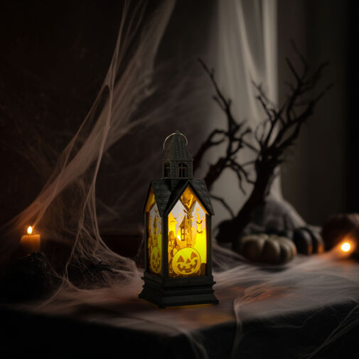 56600B • Halloweenová svetelná dekorácia - tekvica - žltá LED - 17,5 x 6,3 x 6,3 cm - 3 x LR44