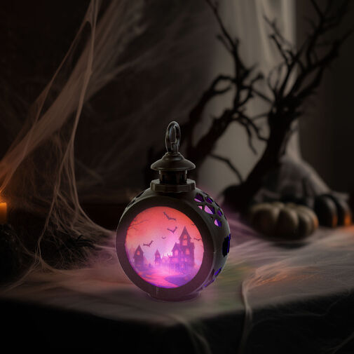 56602B • Halloweenska svetelná dekorácia - hrad - závesná - LED - 8,5 x 13,5 cm
