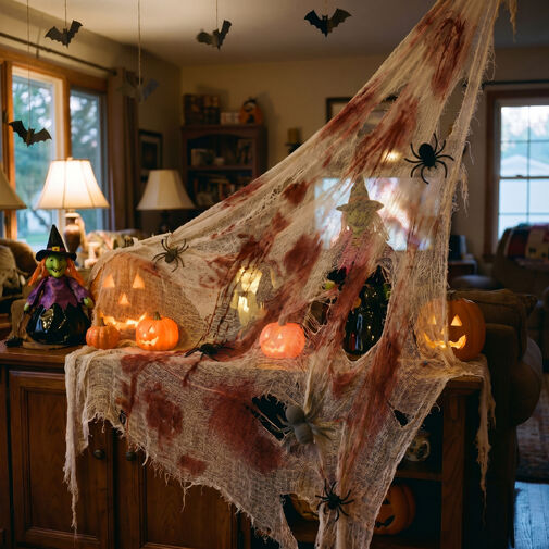 56605 • Halloweenová textilná dekorácia - červená/biela textília - 91 x 76 cm