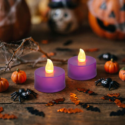 56619B • Halloweenová svietiaca dekorácia - LED čajová sviečka - fialová - 2 ks / balenie