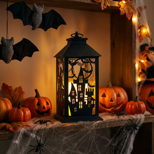 56621A • Halloweenová blikajúca lampáš - hrad - na batérie - čierna - 30 x 14 cm