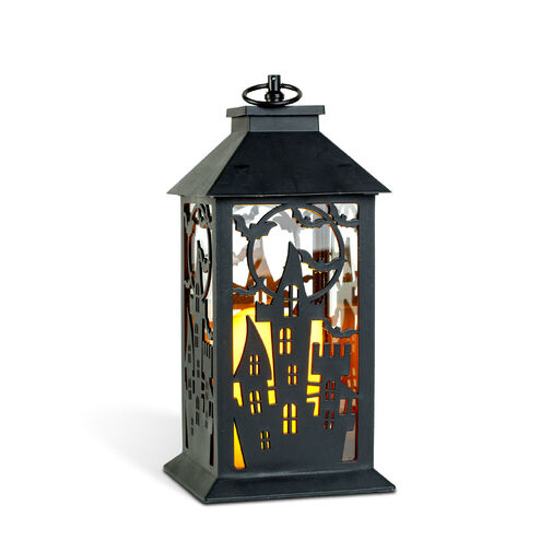 56621A • Halloweenová blikajúca lampáš - hrad - na batérie - čierna - 30 x 14 cm