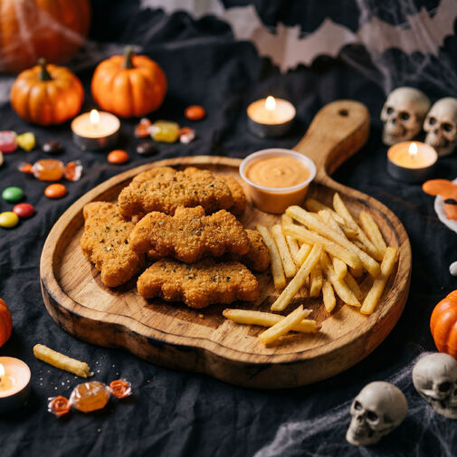 56642 • Halloweenský servírovací/podávací tanier s rukoväťou – drevený – motív tekvice – 26,5 x 20 x 1,5 cm