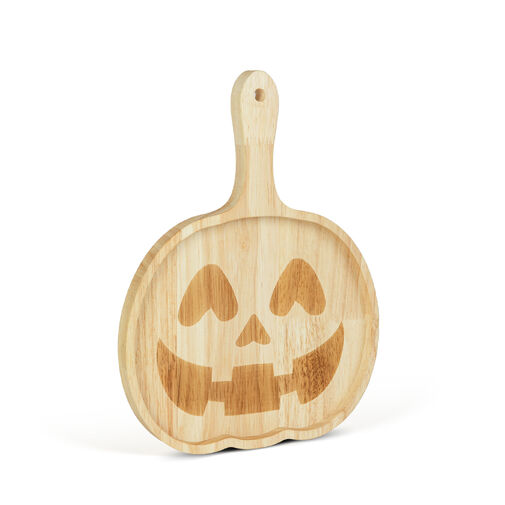 56642 • Halloweenský servírovací/podávací tanier s rukoväťou – drevený – motív tekvice – 26,5 x 20 x 1,5 cm