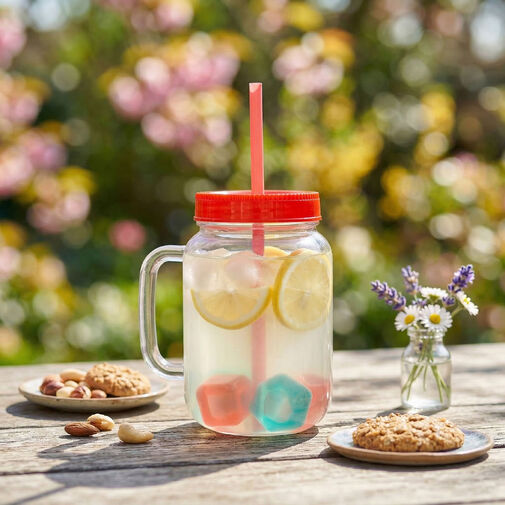 57160P • Pohár so slamkou - červený - 4 ks chladiacich ľadových kociek, 550 ml, 17 x 7,5 x 13,5 cm