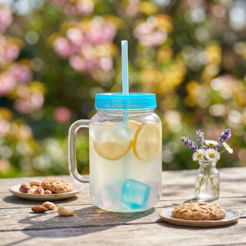 57160Q • Pohár so slamkou - modrý - 4 ks chladiacich ľadových kociek, 550 ml, 17 x 7,5 x 13,5 cm