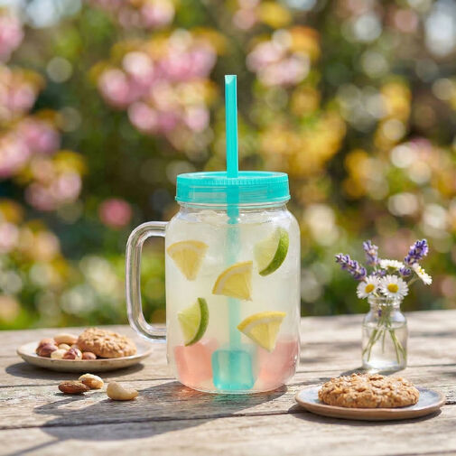 57160R • Pohár so slamkou - zelený - 4 ks chladiacich ľadových kociek, 550 ml, 17 x 7,5 x 13,5 cm