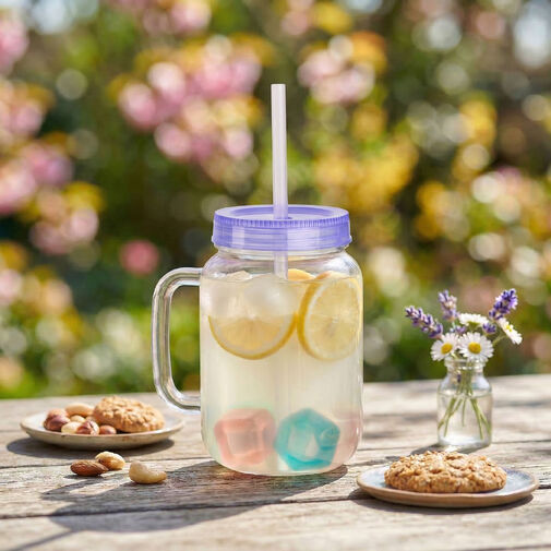 57160S • Pohár so slamkou - fialový - 4 ks chladiacich ľadových kociek, 550 ml, 17 x 7,5 x 13,5 cm