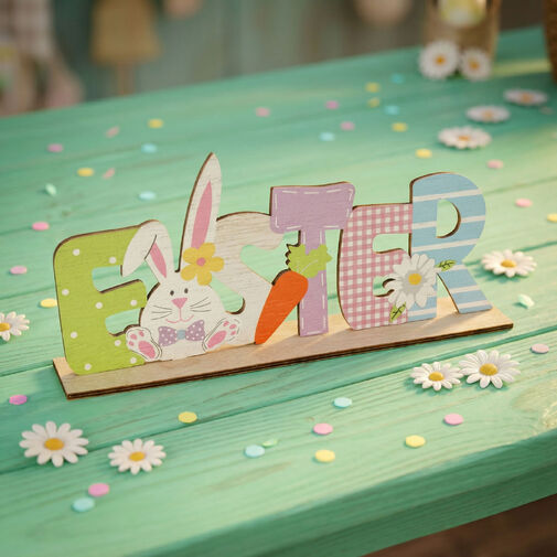 57968A • Veľkonočná ležiaca stolová dekorácia z dreva - so zajačikom