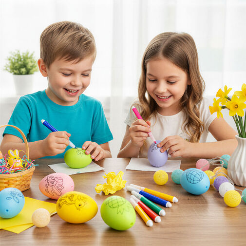 57994B • Veľkonočné maľovateľné vajíčka so 4 fixkami – 6 farebných vajíčok – 6 cm