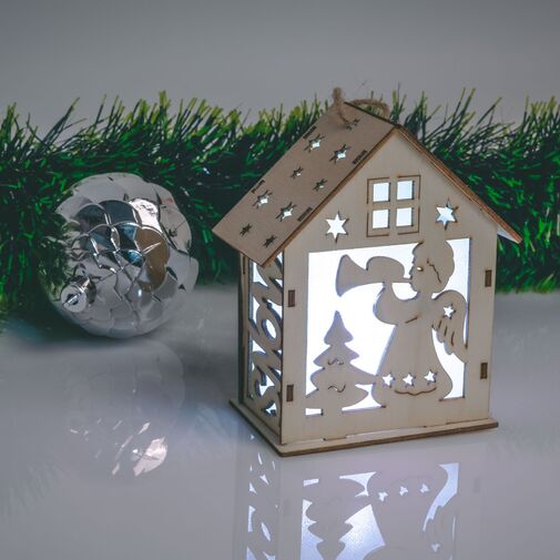 58033 • Vianočný LED dekoračný domček - studená biela - drevo 6 druhov - 10 x 12 x 5,6 cm - 6 ks / display