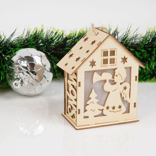 58033 • Vianočný LED dekoračný domček - studená biela - drevo 6 druhov - 10 x 12 x 5,6 cm - 6 ks / display