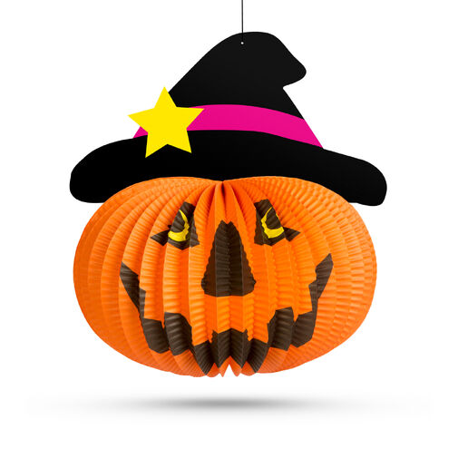 58137B • Halloweensky tekvicový lampión - s klobúkom - zavesiteľný - 26 cm