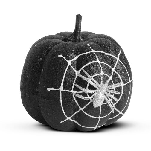 58179B • Halloweenska tekvicová dekorácia - čierne glitre - s pavučinou - 15 cm