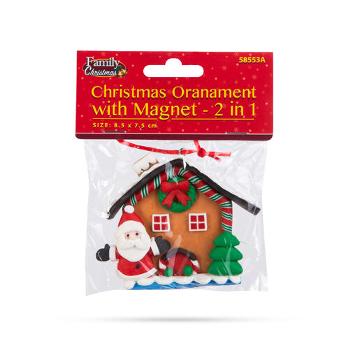 58553A • Vianočná magnetická dekorácia - 2 v 1 - medovníkový domček s mikulášom - 85 x 75 mm
