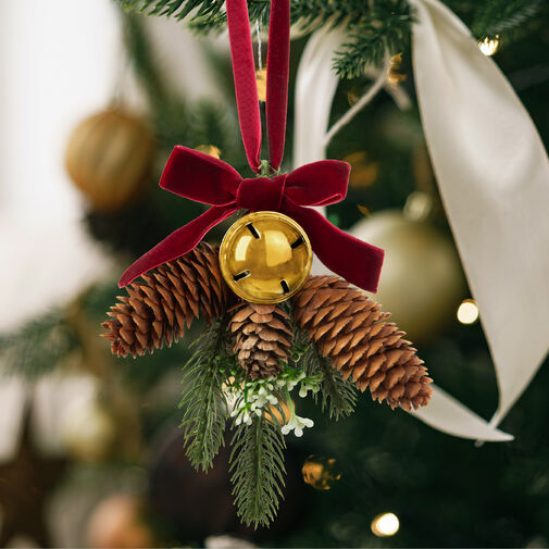 58554A • Vianočná dekorácia na dvere - strom, šiška zlatý zvonček - 16 x 15 cm