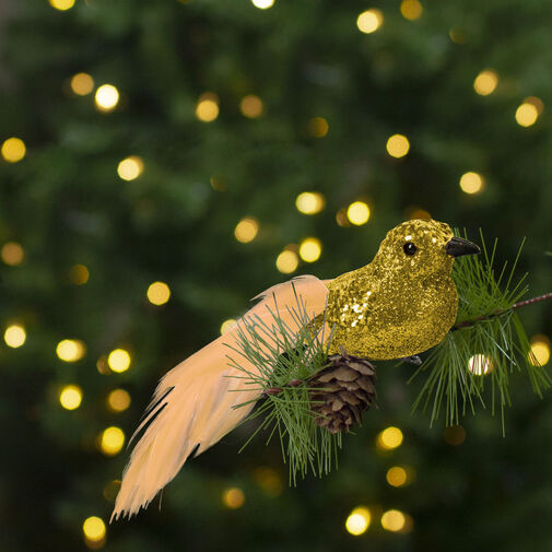 58643B • Vianočná ozdoba - so štipcom - trblietavý vták - zlatá - 2 ks / balenie