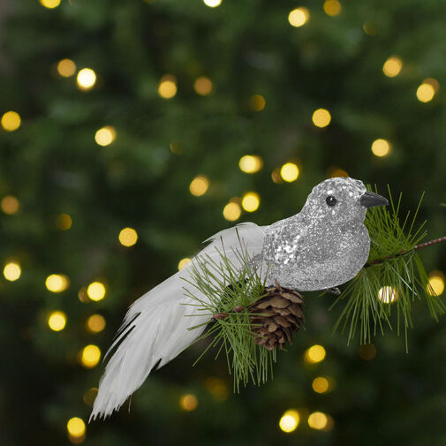 58643C • Vianočná dekorácia - so štipcom - trblietavý vták - strieborný - 2 ks / balenie