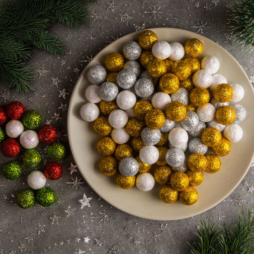 58644 • Vianočná ozdobná guľa - trblietavé, polyfoamové guličky  - 20 mm - 2 druhy - 17 g / balenie