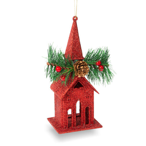 58677A • Vianočný trblietavý kostol s vešiakom - 16 x 6,5 cm - červený