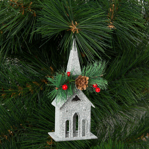 58677B • Vianočný trblietavý kostol s vešiakom - 16 x 6,5 cm - strieborný