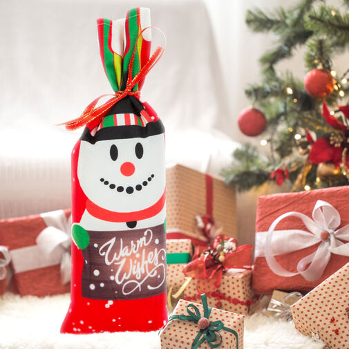 58727B • Vianočný držiak fliaš so stuhou - snehuliak - polyester - 32 x 12,5 cm