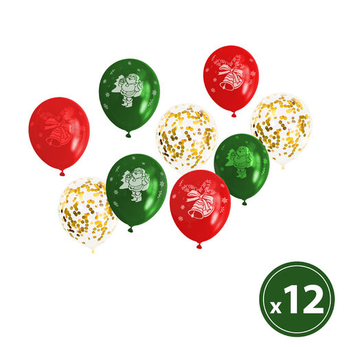 58754 • Sada balónov - červené, zelené, zlaté, vianočný motív - 12 ks / balenie
