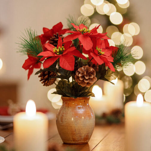58857 • Dekorácia poinsettia – s 3 kvetmi a šiškou – tmavočervená – 34 cm